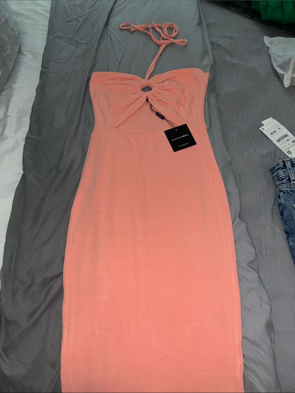 JLUX LABEL Coral Strapless Tie-Front Midi Cut Out Dress